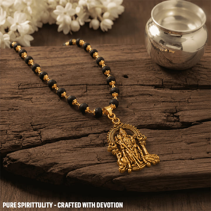 Gold Plated Karungali Necklace with Murugan Pendant