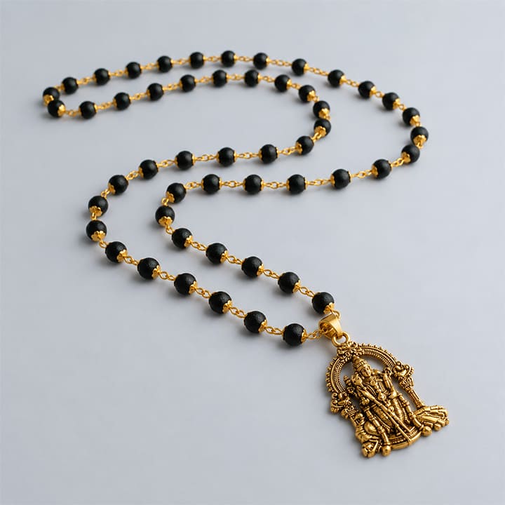 Gold Plated Karungali Necklace with Murugan Pendant