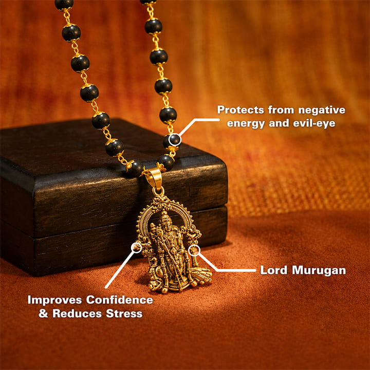 Gold Plated Karungali Necklace with Murugan Pendant