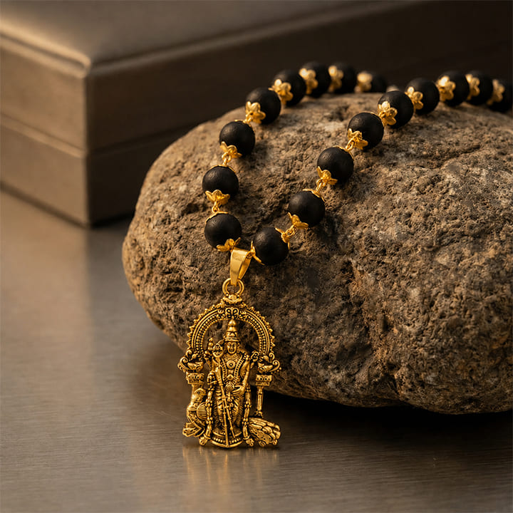 Gold Plated Karungali Necklace with Murugan Pendant