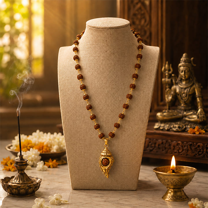 Gold Plated Shiv Shankh Rudraksha Mala