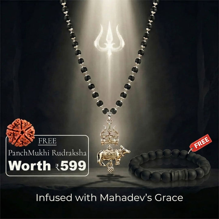 Silver Cap Karungali Mala with Trishul Nandi Pendant