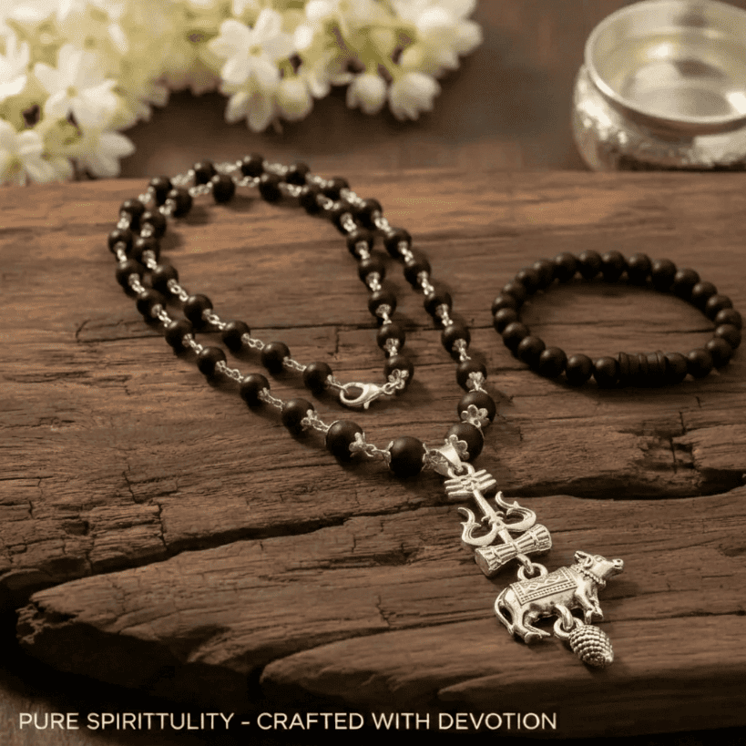 Silver Cap Karungali Mala with Trishul Nandi Pendant