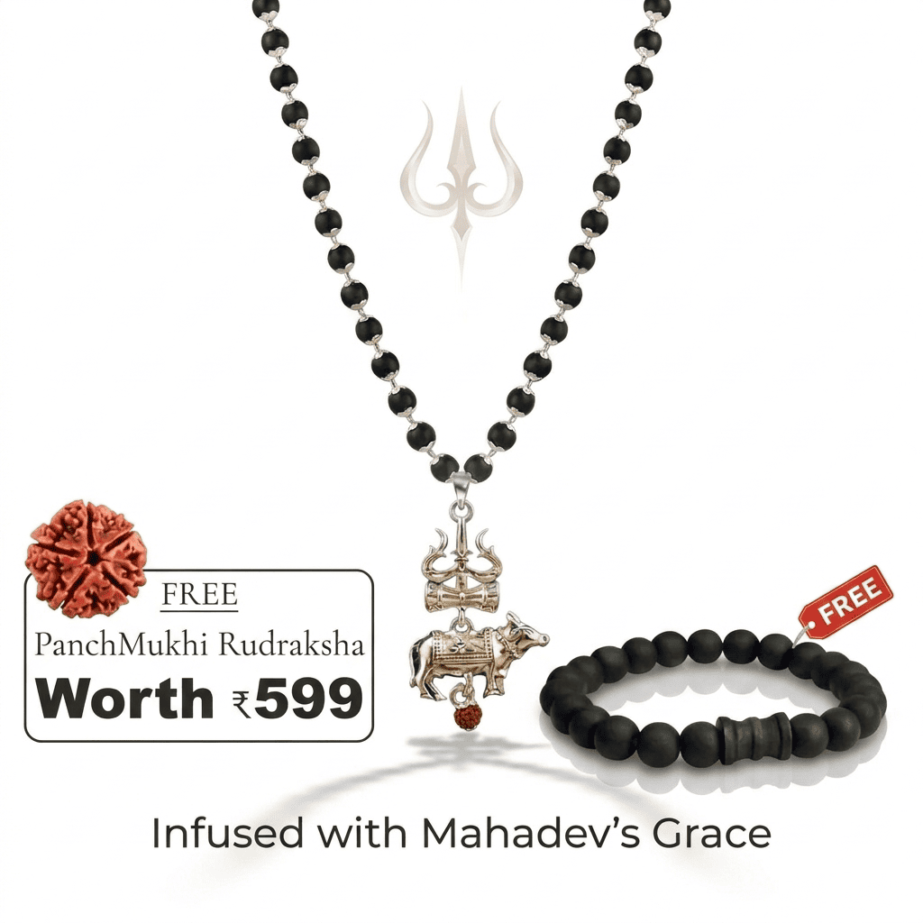 Silver Cap Karungali Mala with Trishul Nandi Pendant