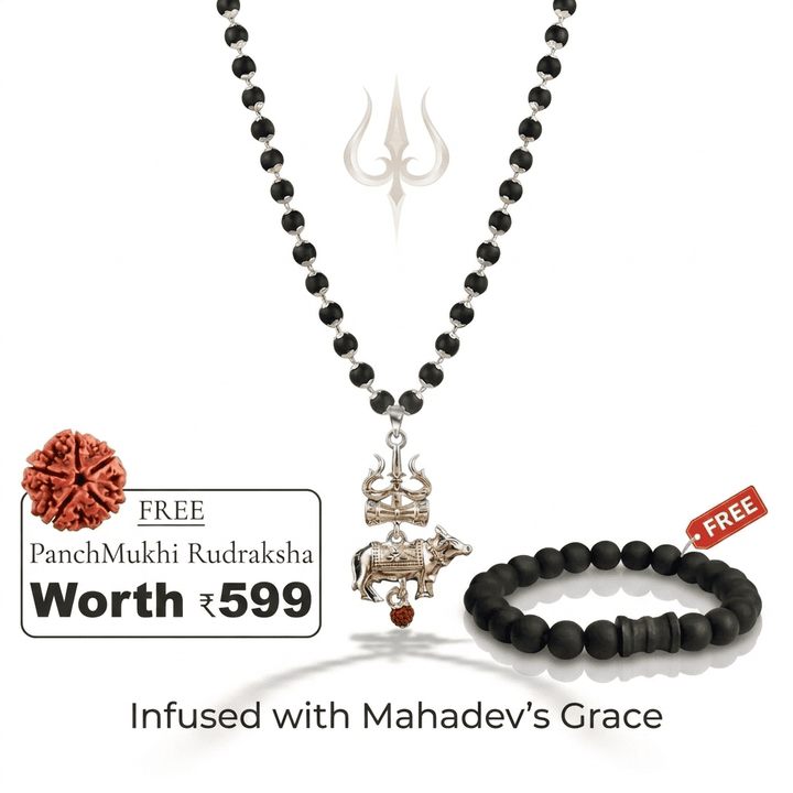 Silver Cap Karungali Mala with Trishul Nandi Pendant