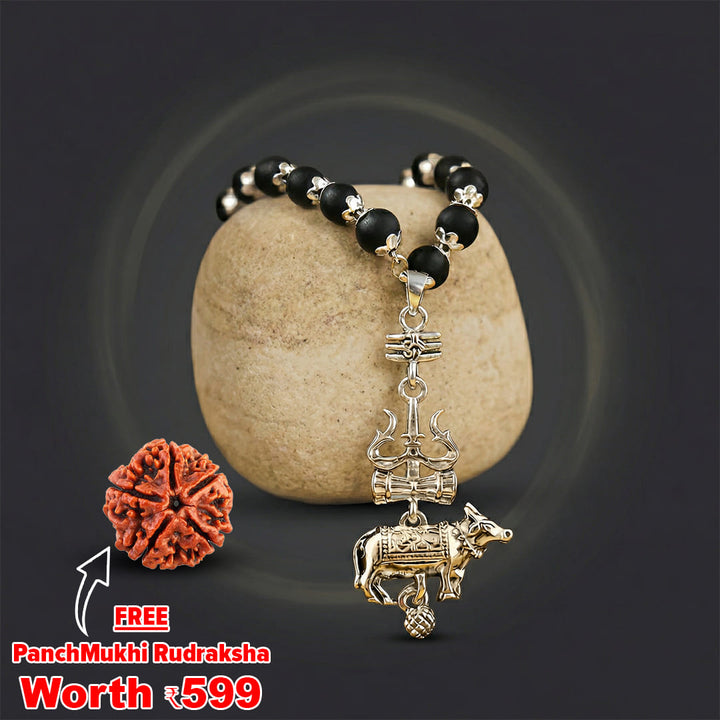 Silver Cap Karungali Mala with Trishul Nandi Pendant