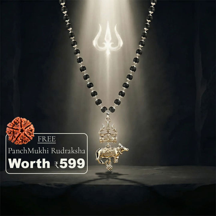 Silver Cap Karungali Mala with Trishul Nandi Pendant