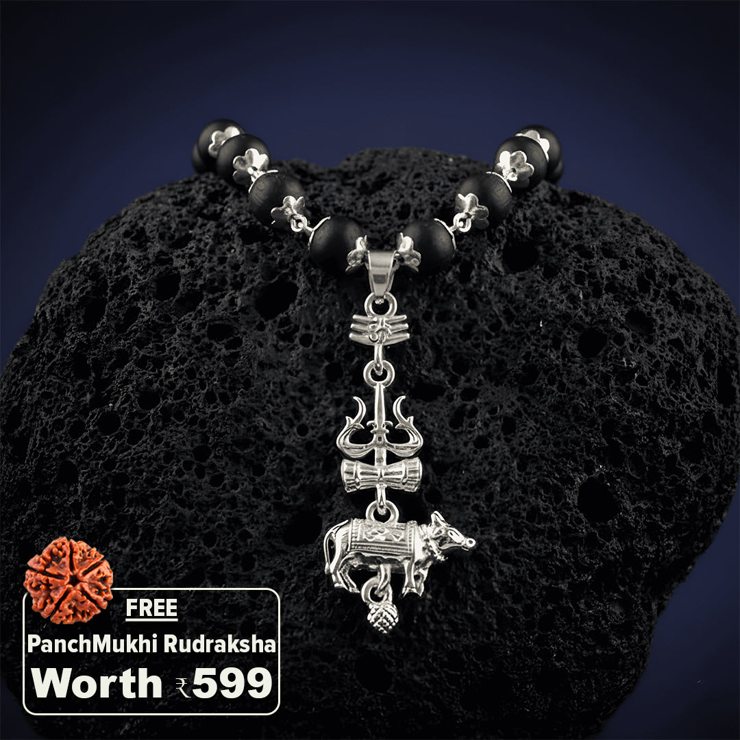 Silver Cap Karungali Mala with Trishul Nandi Pendant