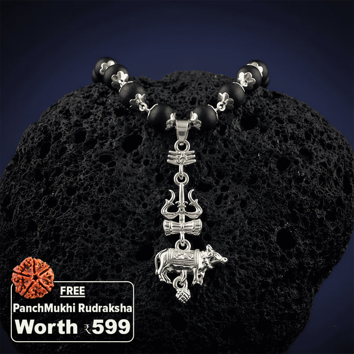 Silver Cap Karungali Mala with Trishul Nandi Pendant