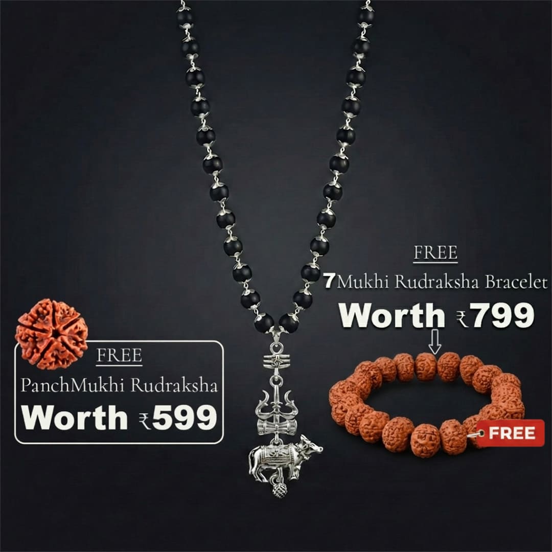 Silver Cap Karungali Mala with Trishul Nandi Pendant