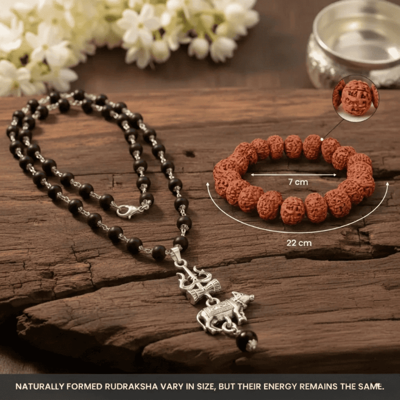 Silver Cap Karungali Mala with Trishul Nandi Pendant