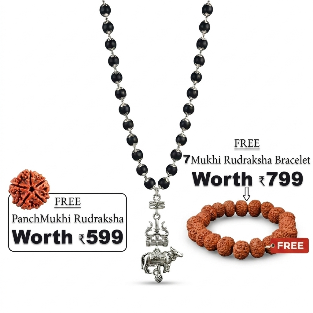 Silver Cap Karungali Mala with Trishul Nandi Pendant