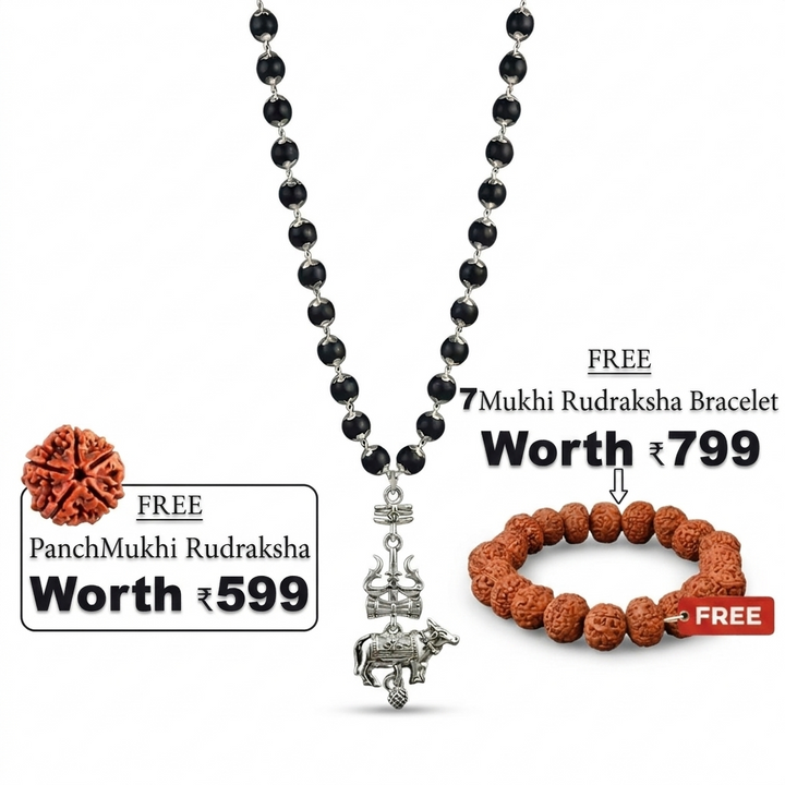 Silver Cap Karungali Mala with Trishul Nandi Pendant