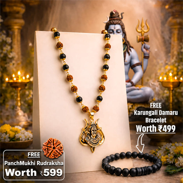 Rudraksha Karungali Malai in Gold-Cap with Shiv Pendant