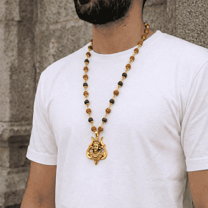 Rudraksha Karungali Malai in Gold-Cap with Shiv Pendant