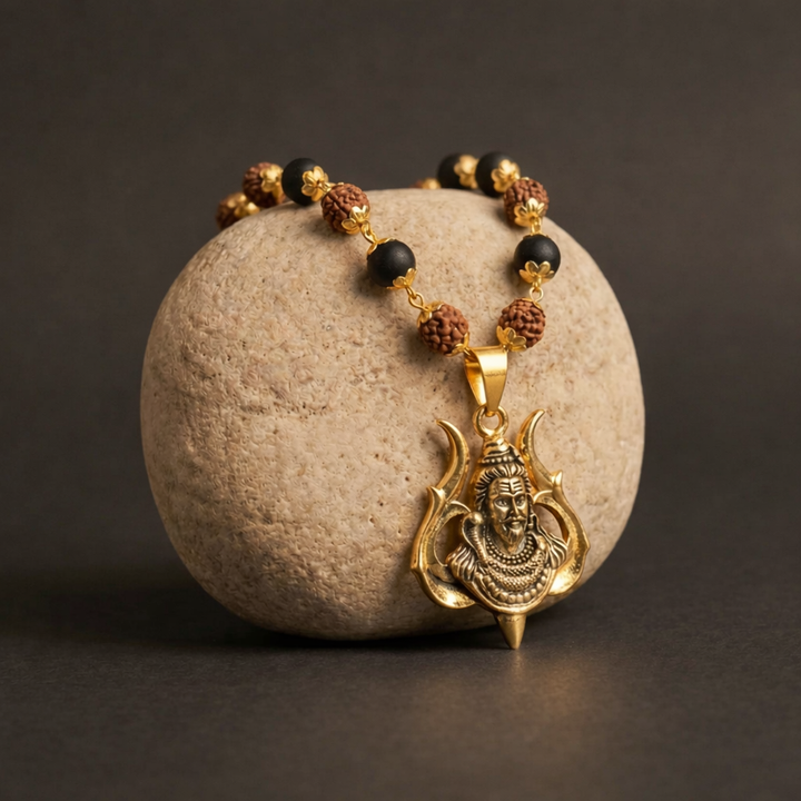 Rudraksha Karungali Malai in Gold-Cap with Shiv Pendant