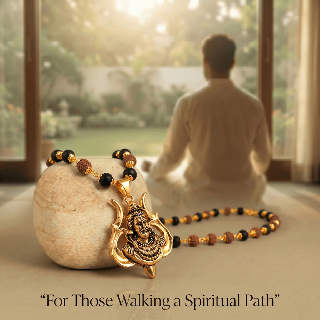 Rudraksha Karungali Malai in Gold-Cap with Shiv Pendant
