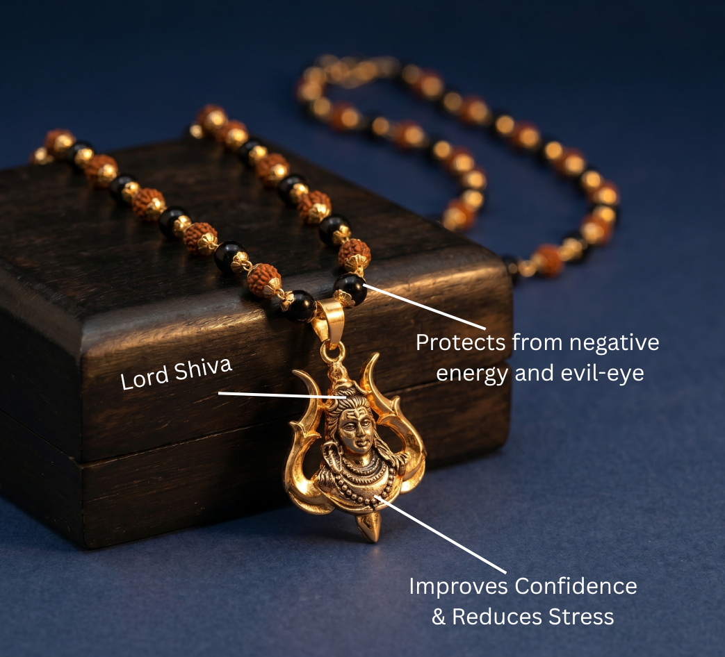 Rudraksha Karungali Malai in Gold-Cap with Shiv Pendant