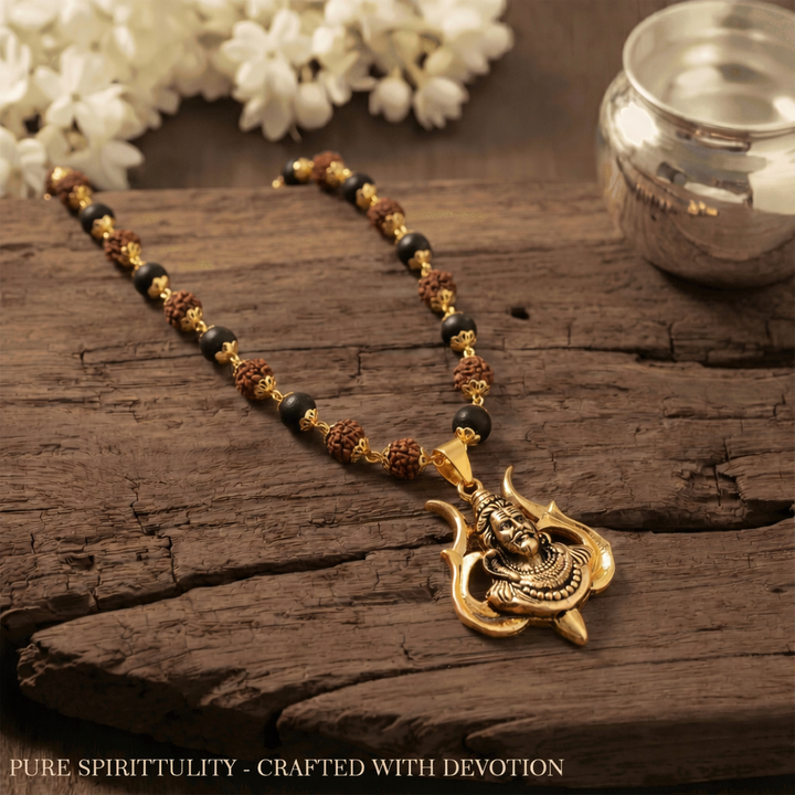 Rudraksha Karungali Malai in Gold-Cap with Shiv Pendant