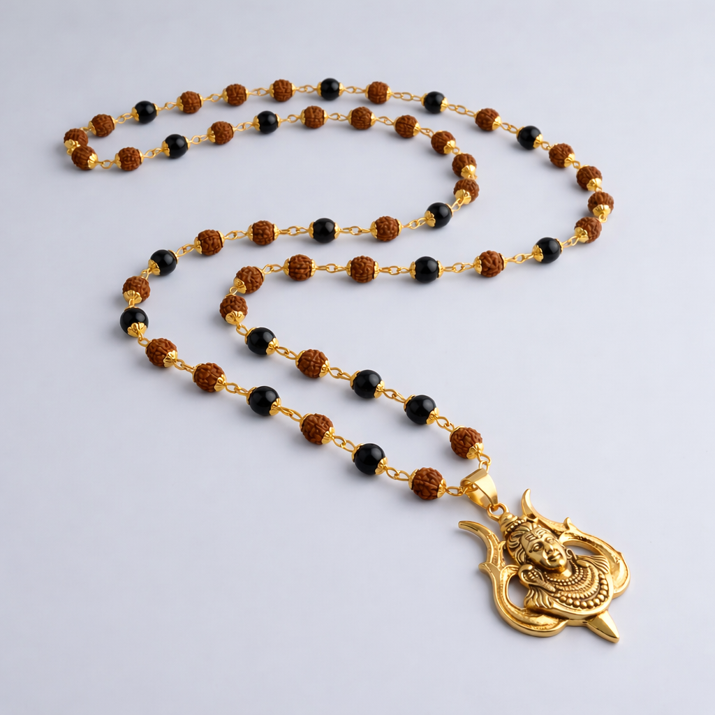 Rudraksha Karungali Malai in Gold-Cap with Shiv Pendant