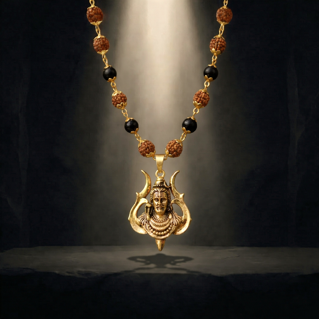 Rudraksha Karungali Malai in Gold-Cap with Shiv Pendant