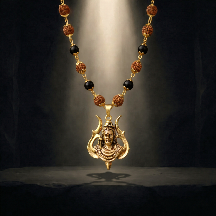 Rudraksha Karungali Malai in Gold-Cap with Shiv Pendant