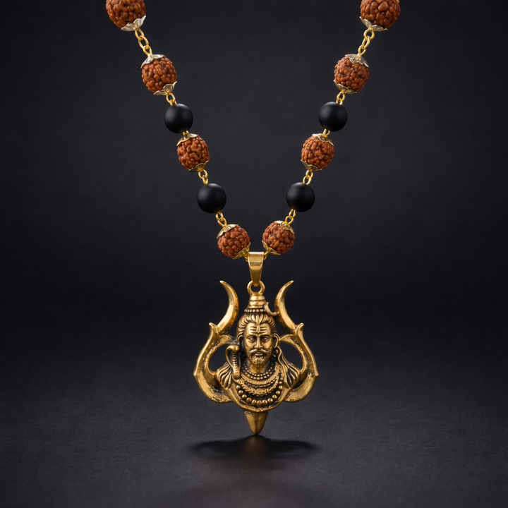 Rudraksha Karungali Malai in Gold-Cap with Shiv Pendant
