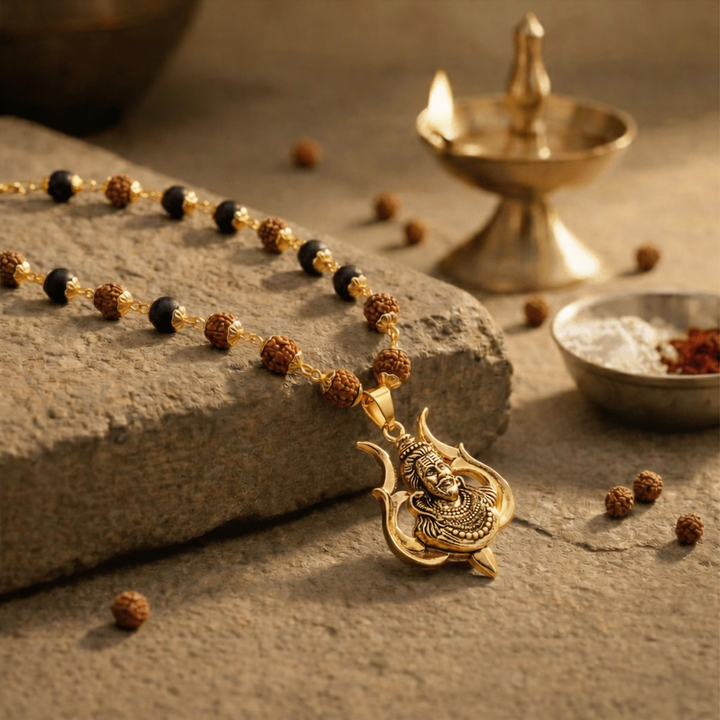 Rudraksha Karungali Malai in Gold-Cap with Shiv Pendant