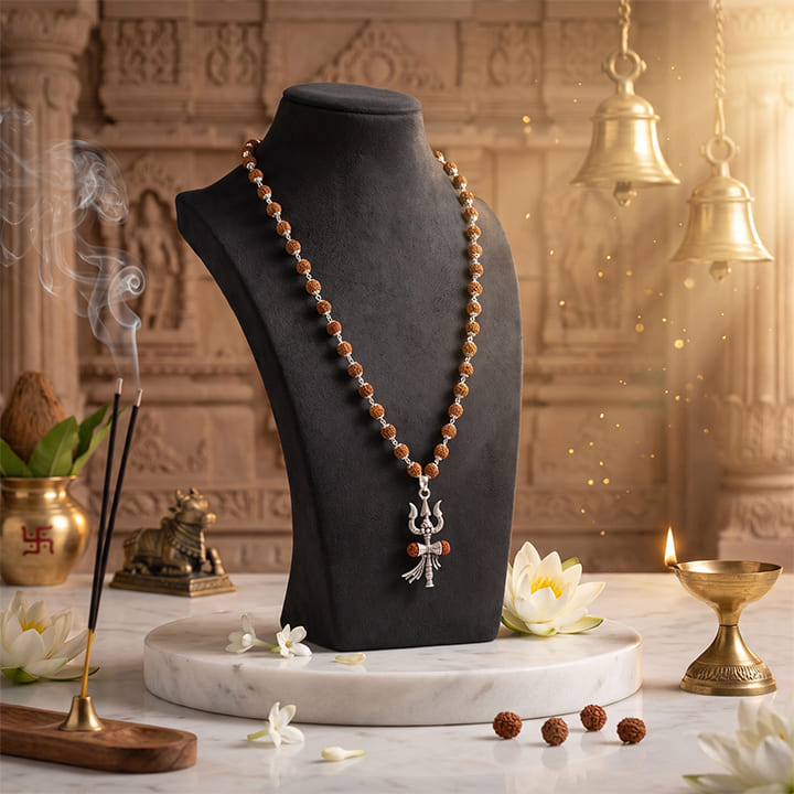 Silver Cap Rudraksha Mala with Trishul Damroo