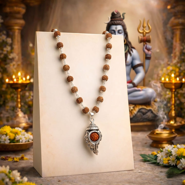 Silver Plated Shiv Shankh Rudraksha Mala