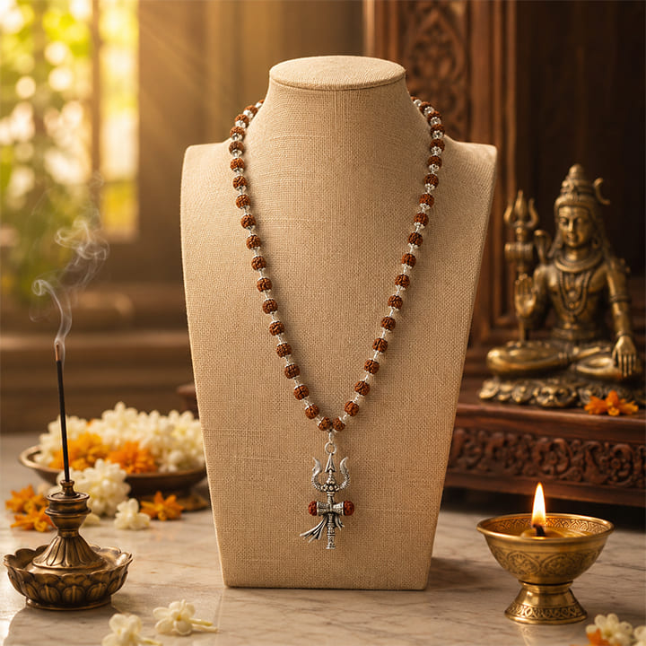 Silver Cap Rudraksha Mala with Trishul Damroo