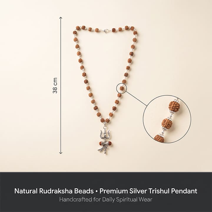 Silver Cap Rudraksha Mala with Trishul Damroo