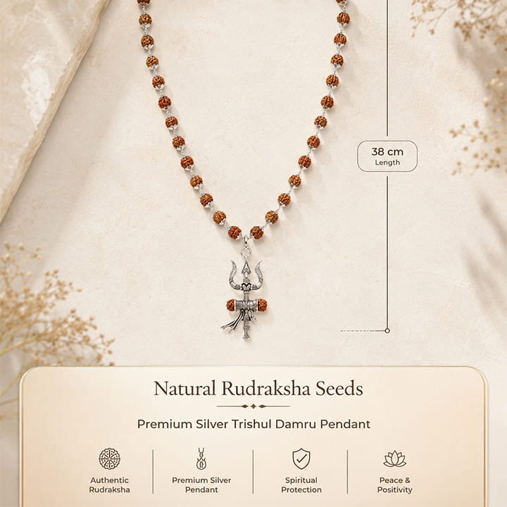 Silver Cap Rudraksha Mala with Trishul Damroo