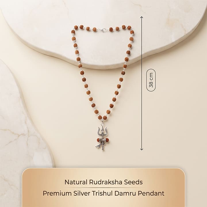Silver Cap Rudraksha Mala with Trishul Damroo