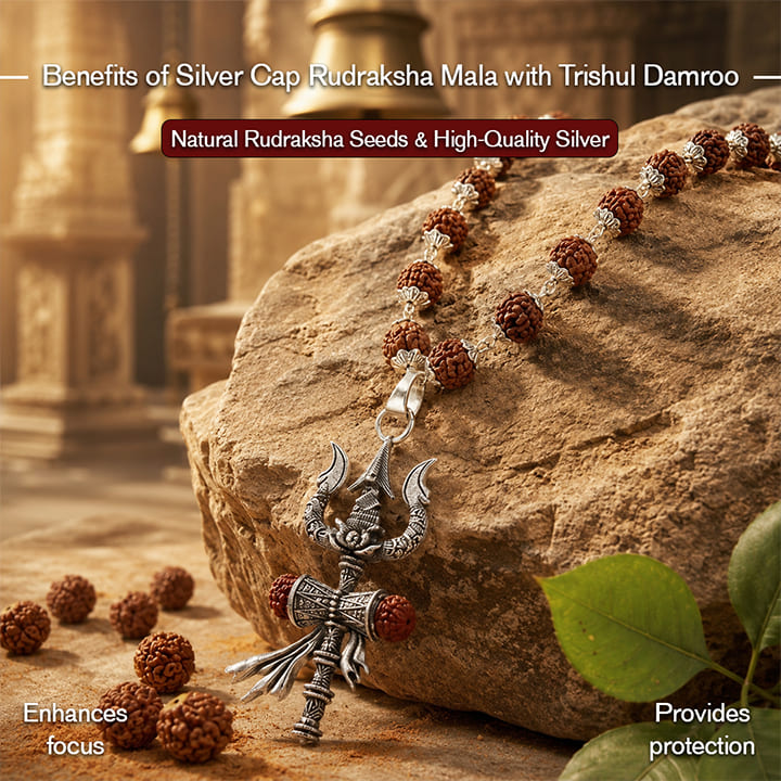 Silver Cap Rudraksha Mala with Trishul Damroo