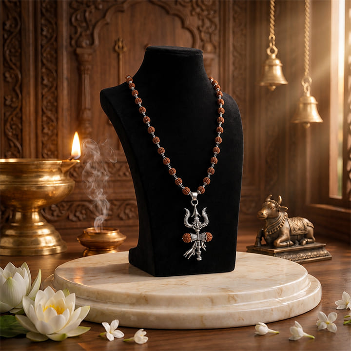 Silver Cap Rudraksha Mala with Trishul Damroo