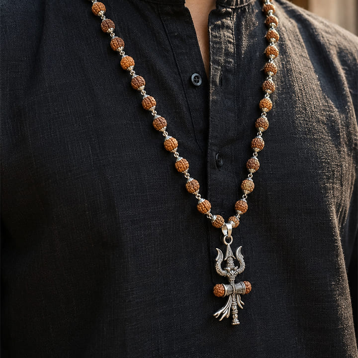 Silver Cap Rudraksha Mala with Trishul Damroo