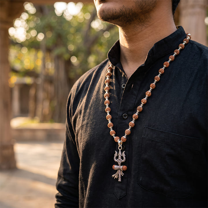 Silver Cap Rudraksha Mala with Trishul Damroo