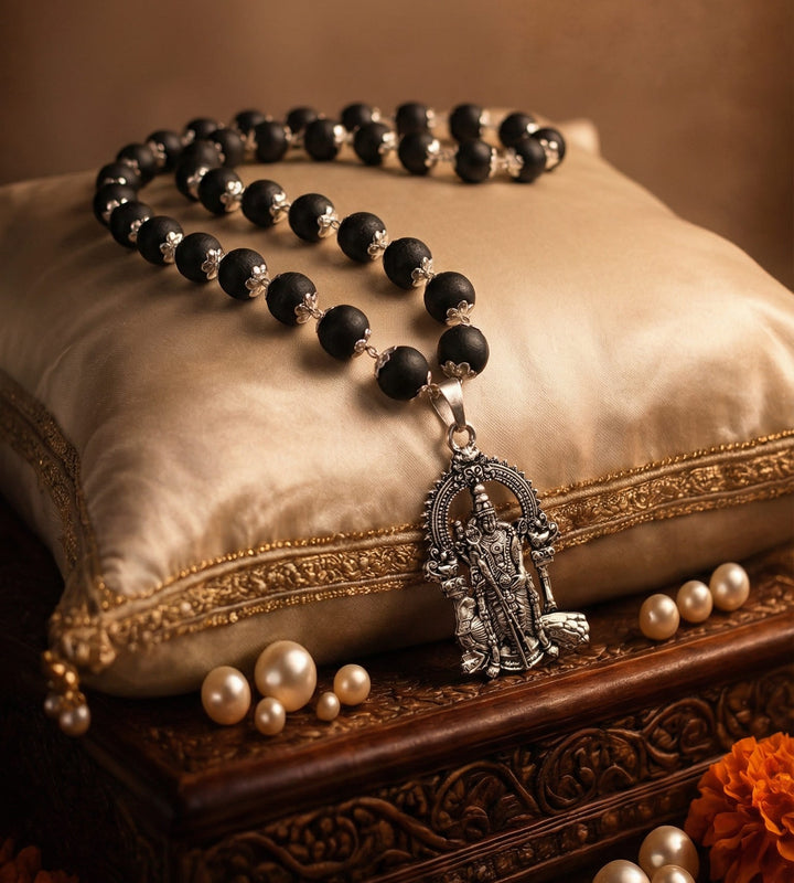 Silver Capped Karungali Mala with Lord Murugan Pendant