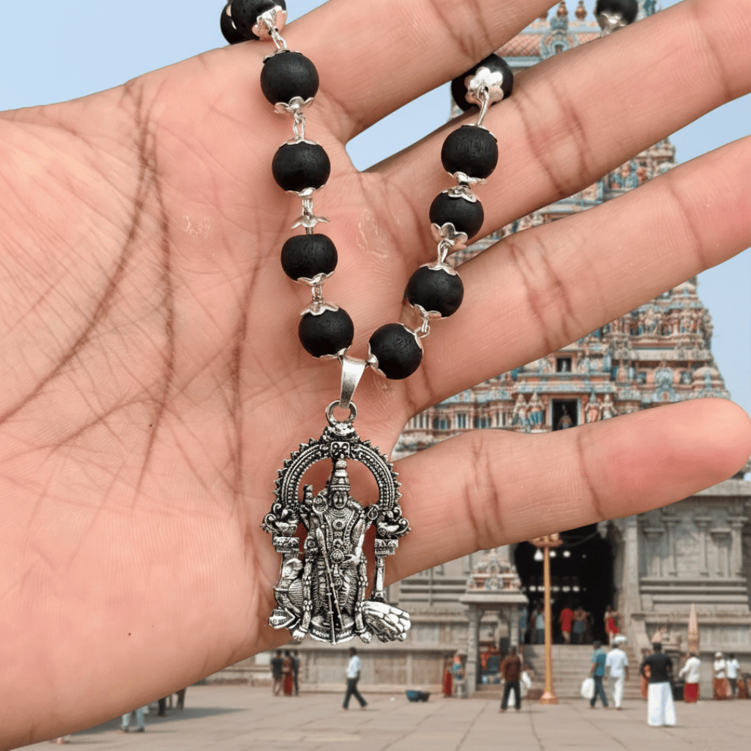 Silver Capped Karungali Mala with Lord Murugan Pendant