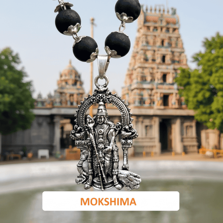 Silver Capped Karungali Mala with Lord Murugan Pendant