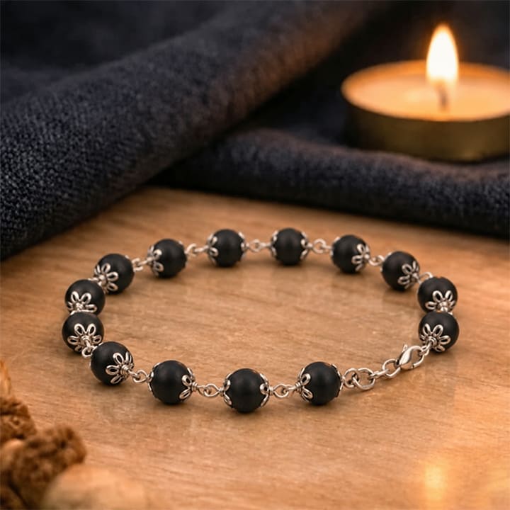 Silver Plated Luna Karungali Beads Bracelet For Women