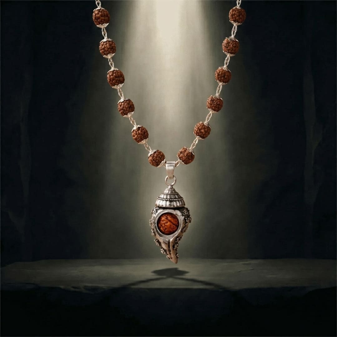 Silver Plated Shiv Shankh Rudraksha Mala