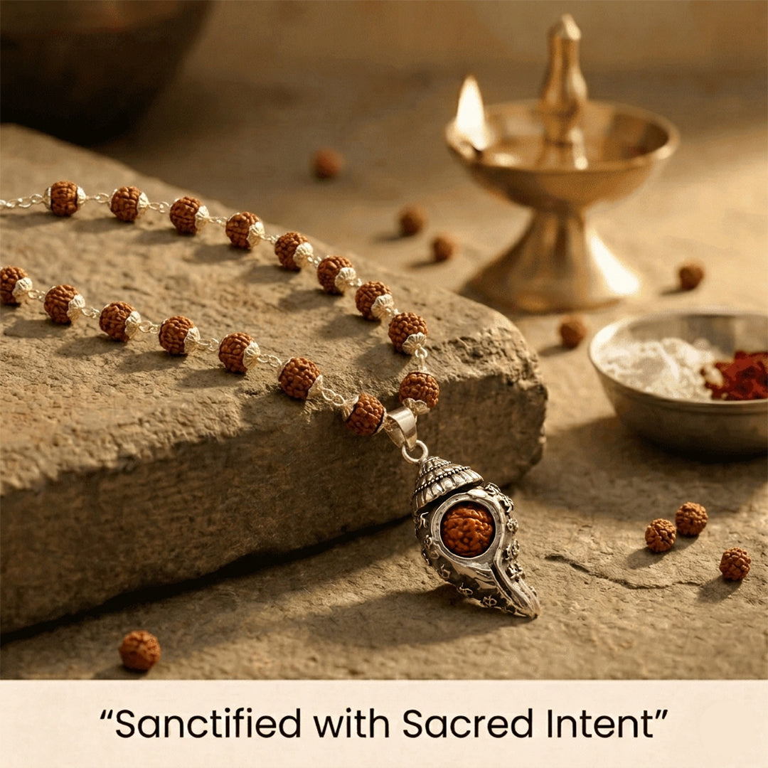 Silver Plated Shiv Shankh Rudraksha Mala