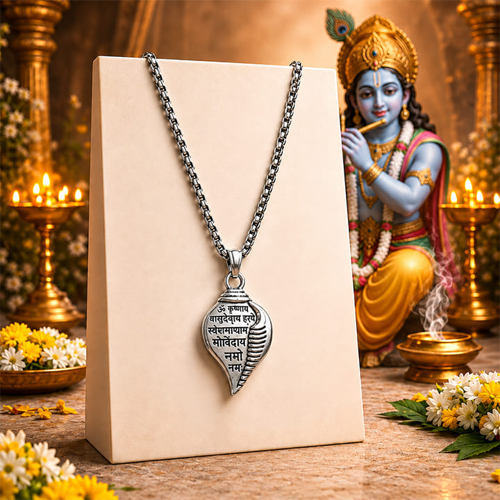 Krishna Vasudevaya Mantra Shankh Pendant Necklace