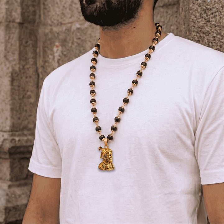 Shivaji Maharaj Pendant With Gold Cap Karungali Mala