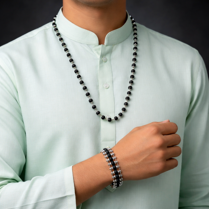 Silver-Plated Eternal Karungali Mala + Karungali bracelet combo