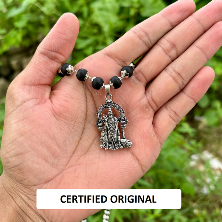 Silver Capped Karungali Mala with Lord Murugan Pendant