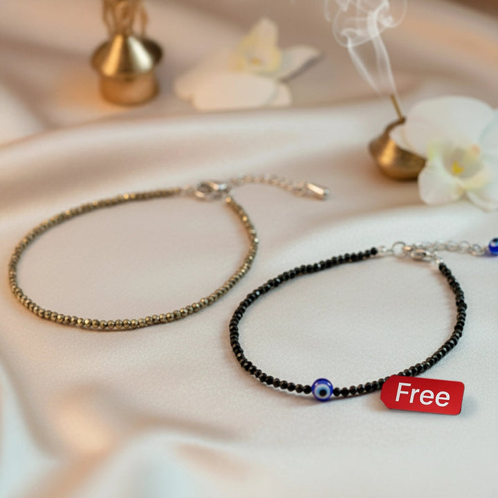Pyrite Anklet with Free Black Tourmaline Anklet with Evil Eye Charm