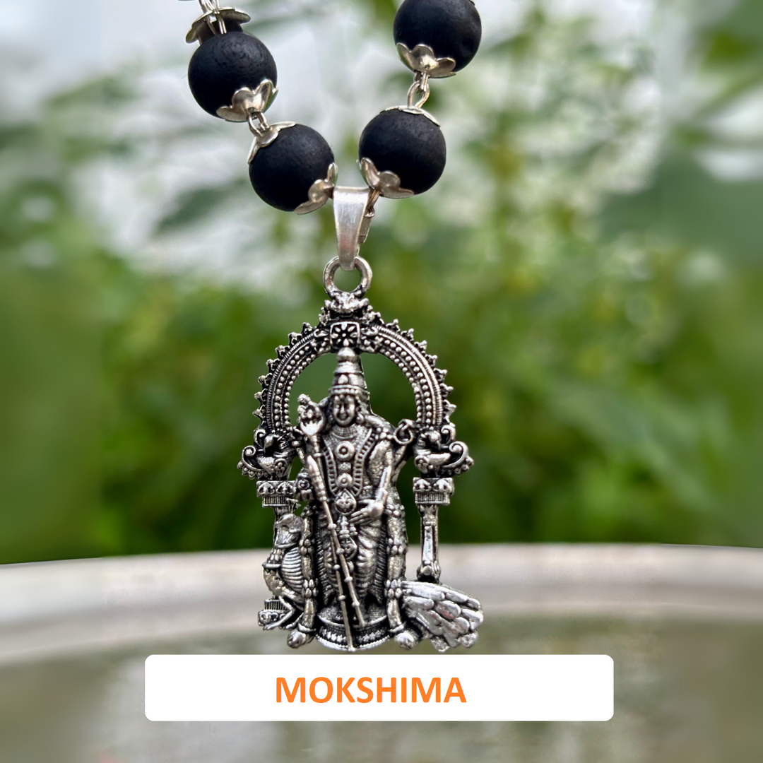 Silver Capped Karungali Mala with Lord Murugan Pendant